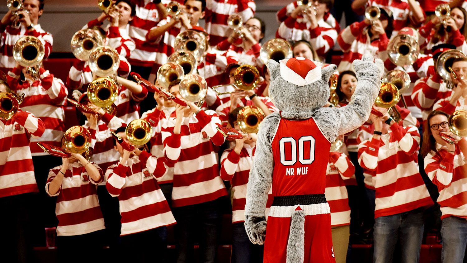 Mr Wuf conducts the pep band during a time-out at the women's basketball game in Reynolds Coliseum.