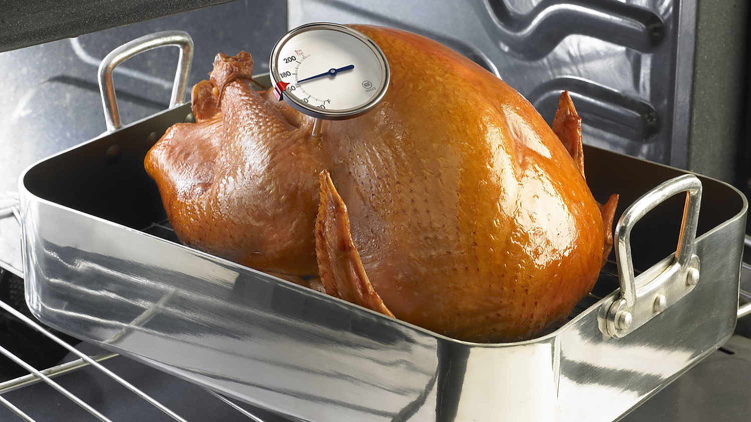 a turkey in the oven with a thermometer sticking out of it
