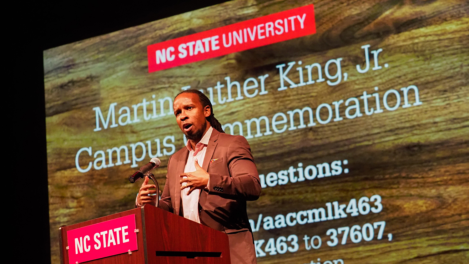 Dr Kendi addresses a crowd of students, staff and faculty at Stewart Theater