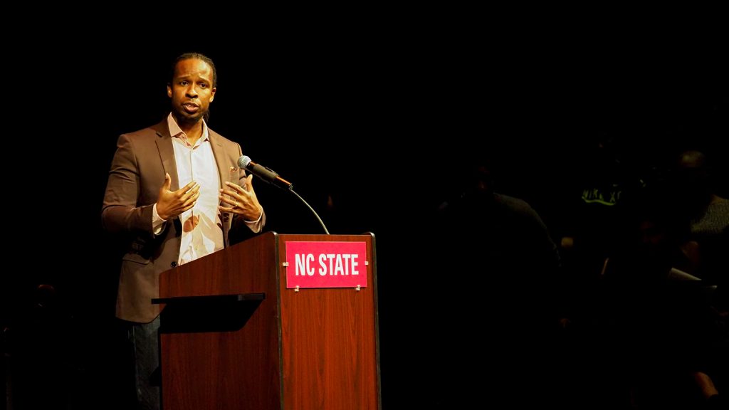 Kendi speaks from the podium in Stewart Theater.