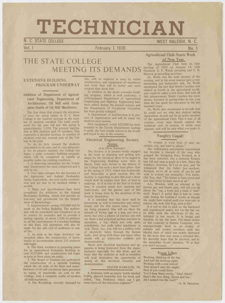 Page 1 of the first issue of Technician, NC State's student newspaper.