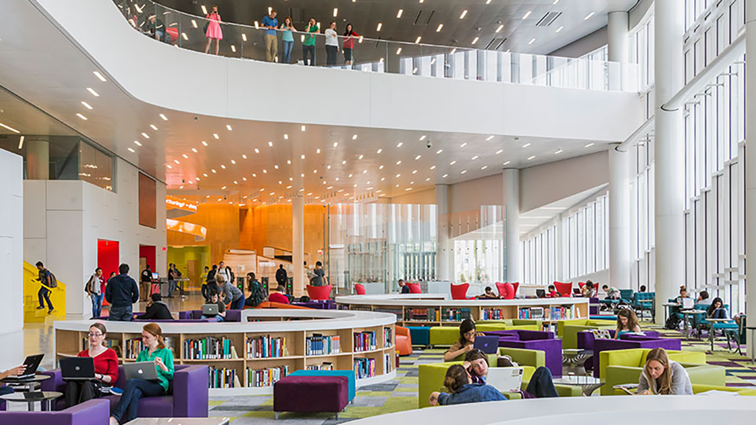Students read and gather in the light and airy Hunt Library reading room.