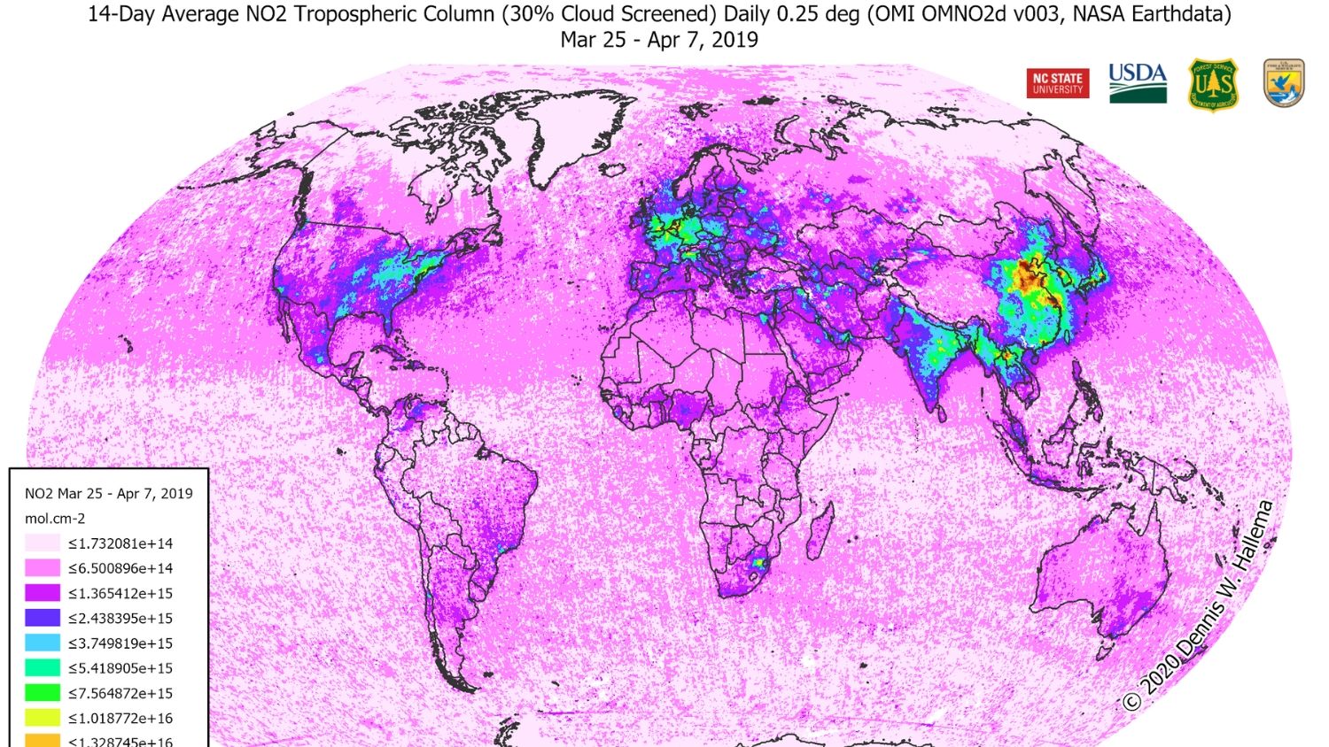 World map of nitrogen dioxide air pollution in 2020.