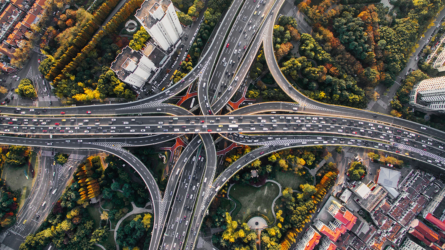 aerial photo of a complex highway traffic interchange