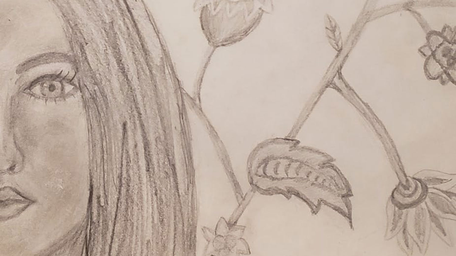 self-portrait sketch of a woman with flowers