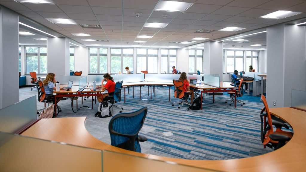 Students work in the Hill Library during the first week of the fall 2020 semester. 