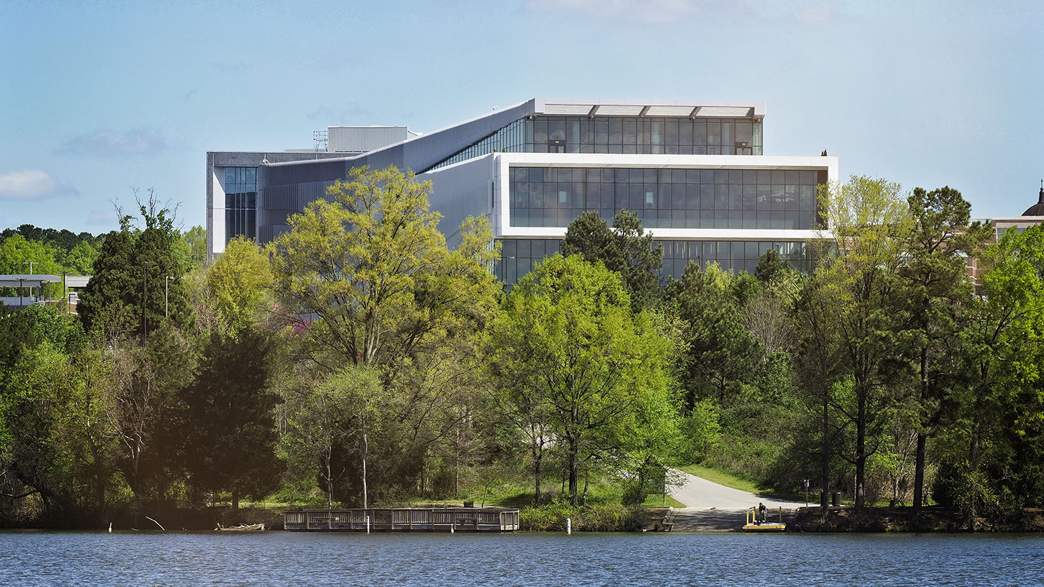 The Hunt library, as seen from Lake Raleigh. 