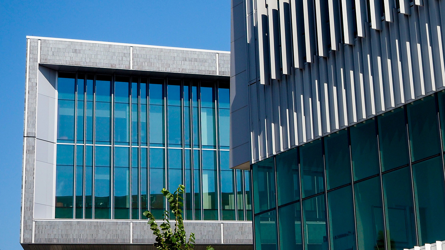 Fitts-Woolard Hall looks out from the side onto Hunt Library on Centennial Campus.