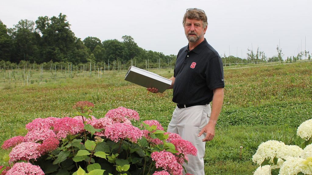 Tom Ranney in a field with flowers.