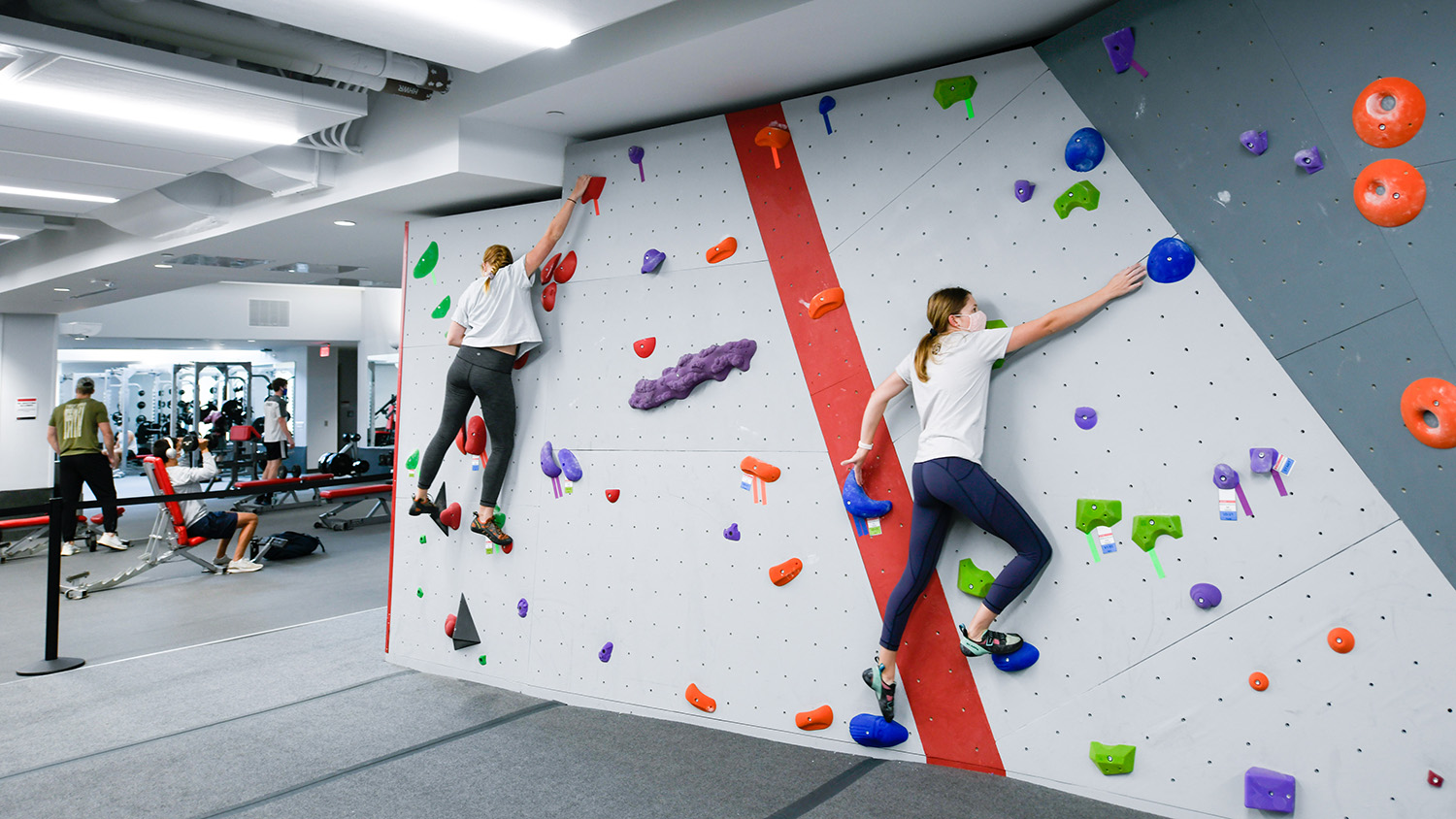 People climb a new modular wall at the Wellness and Recreation Center and Carmichael Gym.