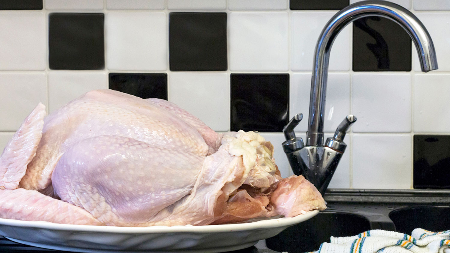 A raw turkey near a sink.