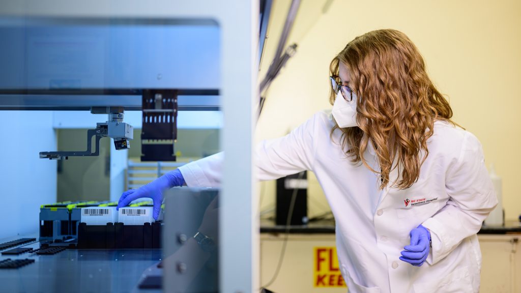 Jordan Ferguson works in the WolfTRACS lab on NC State's campus.