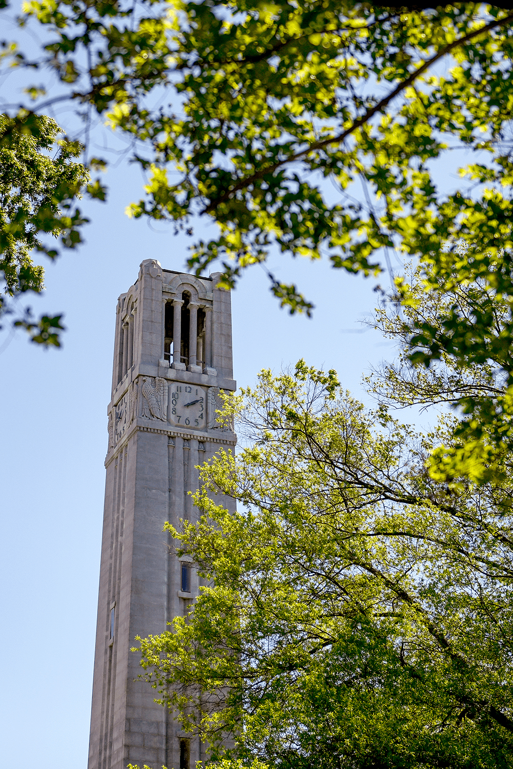 The Belltower on NC State's campus surrounded by trees on a sunny day.