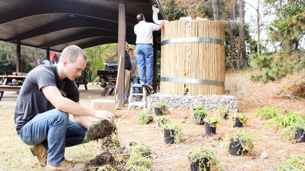 The Facilities Division and EcoVillage residents worked together to install arainwater cistern and pollinator garden inParents Park.