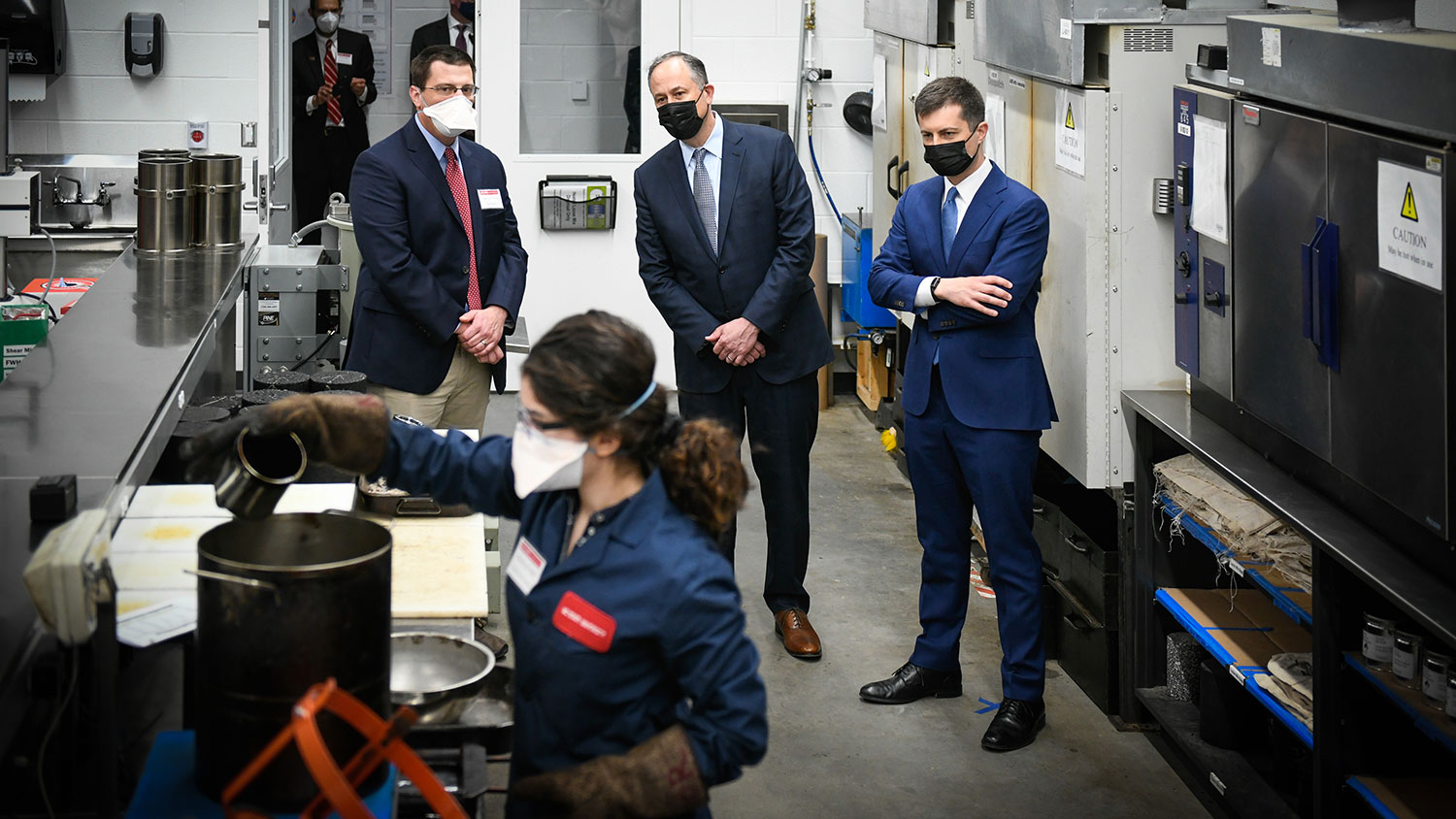 U.S. Transportation Secretary Pete Buttigieg and U.S. first gentleman Doug Emhoff visit facilities on NC State's Centennial Campus.