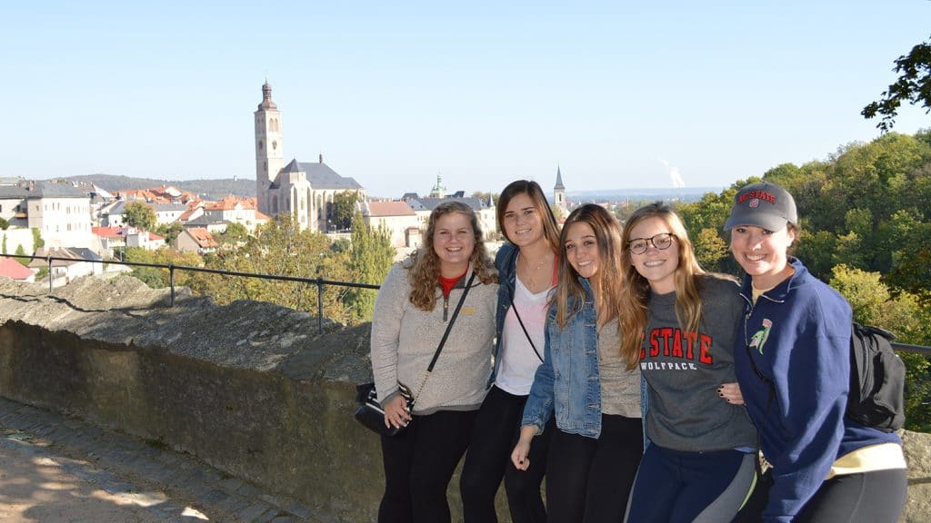 Sarah Phillips and four other NC State students take a picture overlooking the Church of St. James in Kutna Hora, Czech Republic. 