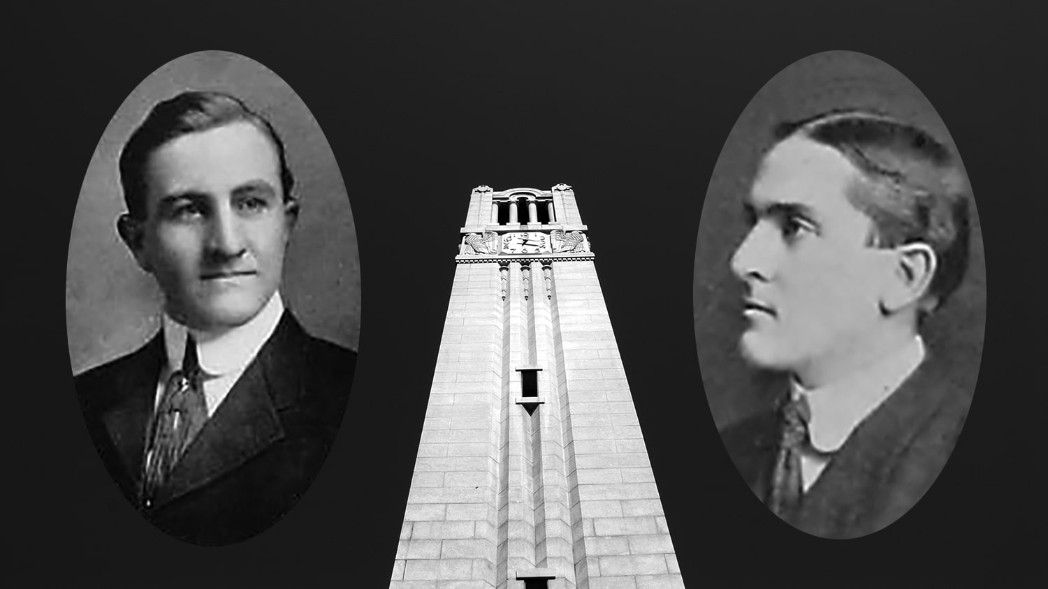 Archival photos of alumni Vance Sykes and Frank Thompson set against an image of the Belltower.