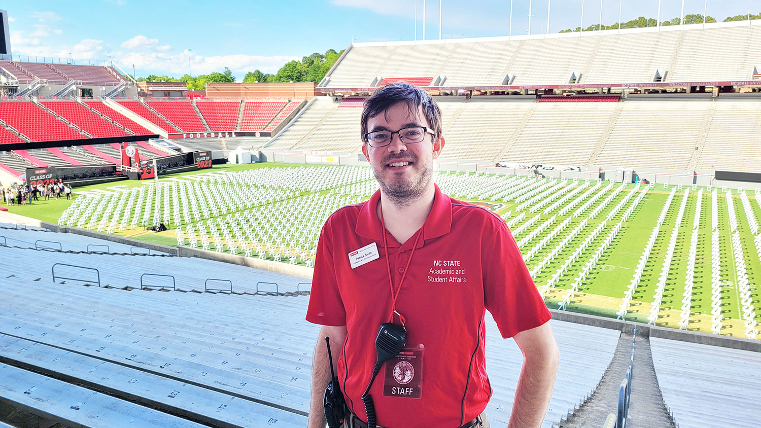 Patrick Smith standing in an empty Carter-Finley Stadium