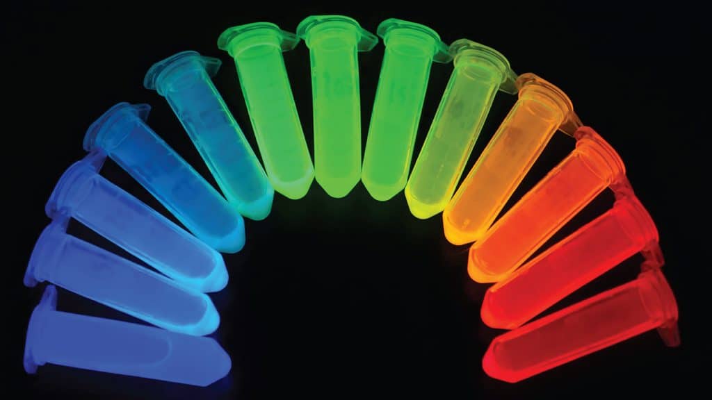 Test tubes containing quantum dot inks across the color spectrum, arranged to look like a rainbow.