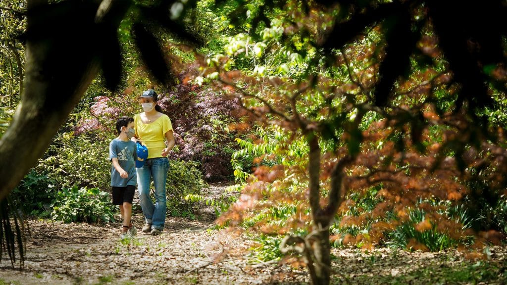 A woman and child walk through a garden at the JC Raulston Arboretum