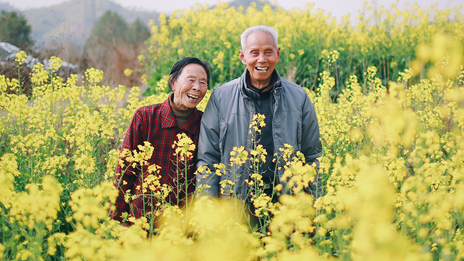 a man and a woman in their 80s laugh in a field of flowers