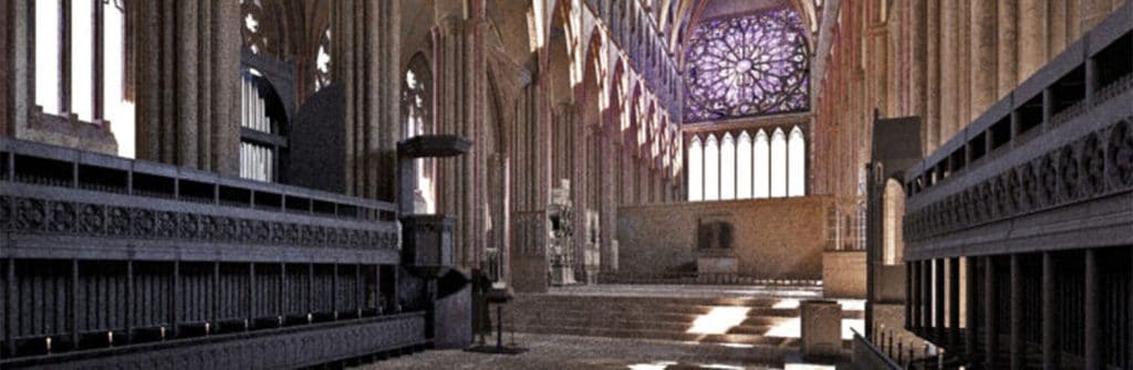 Realistic computer illustration of the interior of St. Paul's Cathedral as it would have looked in 1622 if one were standing near the choir and looking toward the altar.