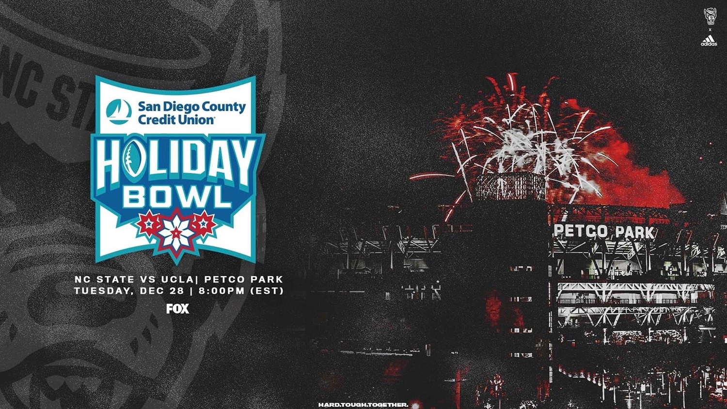 Image of Petcom Stadium with fireworks and logo for Holiday Bowl.