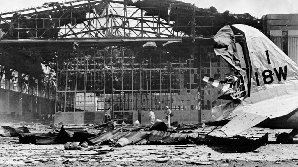 Rear view of the heavily damaged Hangar No. 11 at Hickam Field, Hawaii, on Dec. 7, 1941. Photo: Library of Congress.