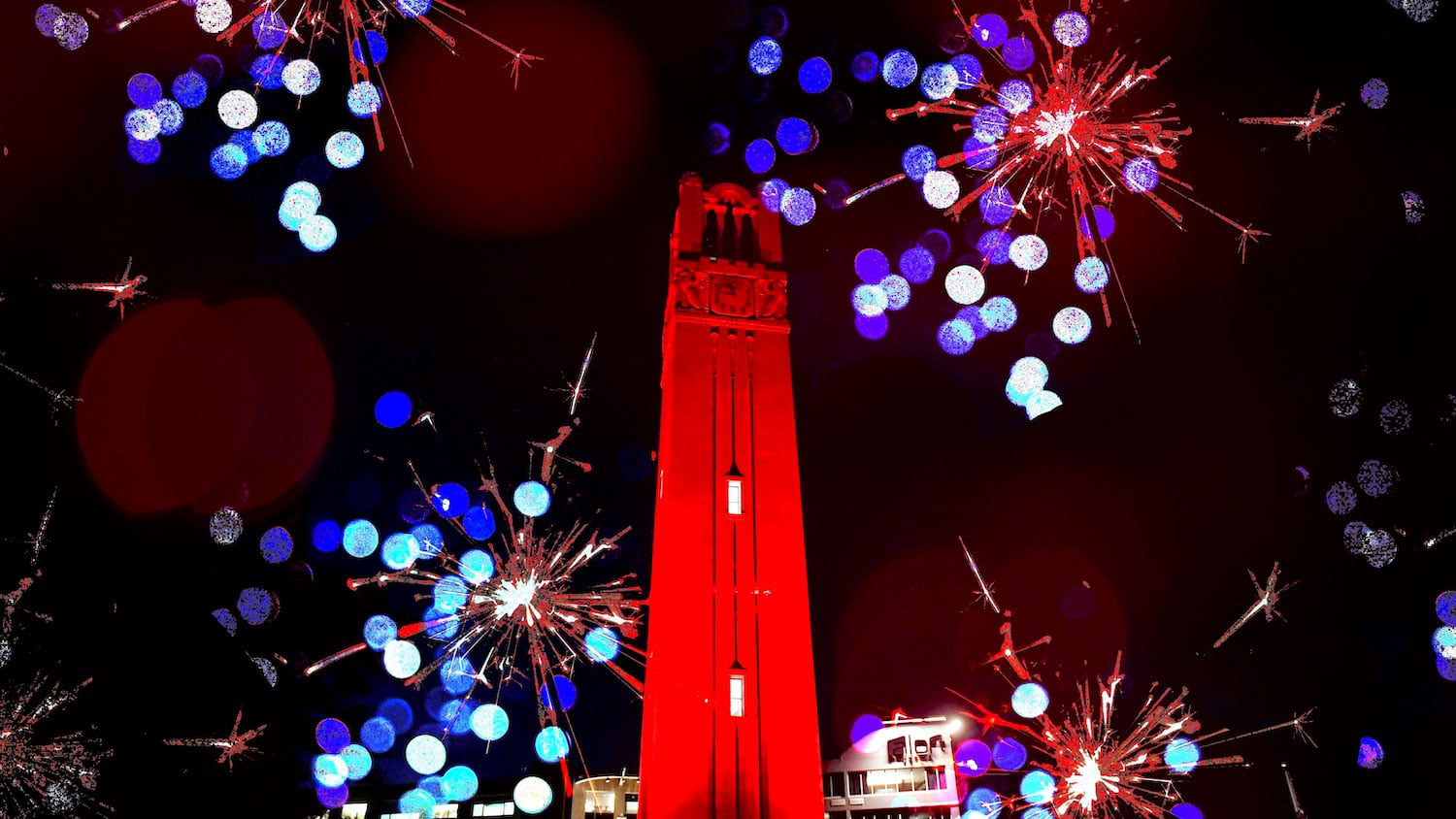 fireworks around the Memorial Belltower