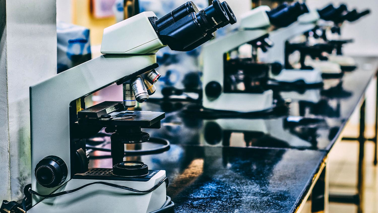 a school laboratory equipped with microscopes