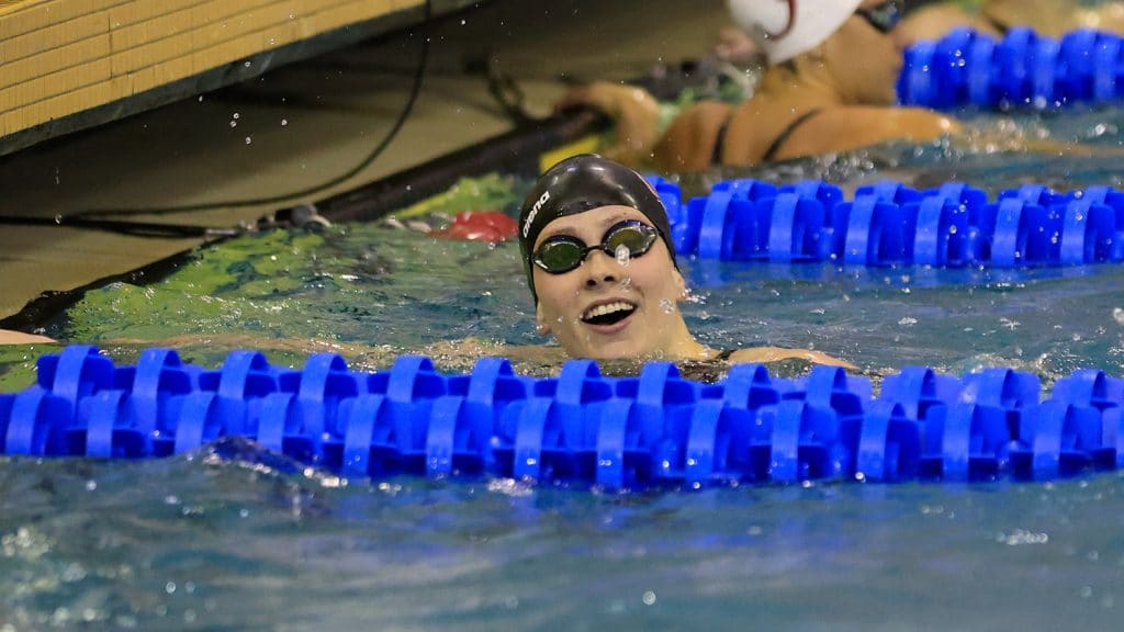 Katharine Berkoff in the pool at the end of her record-breaking swim.