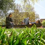 Two students sit on a bench in the lawn of sunny Court of North Carolina.