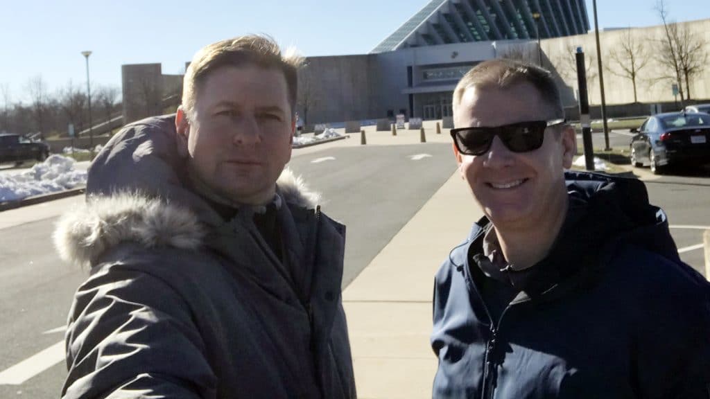 Ian Kendrick, right, with his roommate Alex, a law enforcement officer from Kyiv.