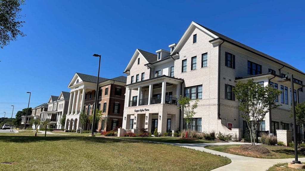 An exterior view of updated chapter houses in Greek Village.