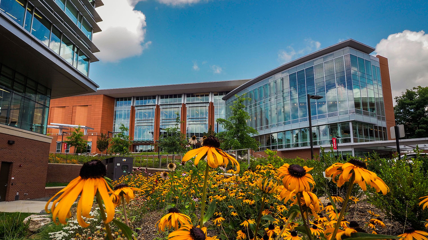 The exterior of Talley Student Union with the building surrounded by yellow flowers.