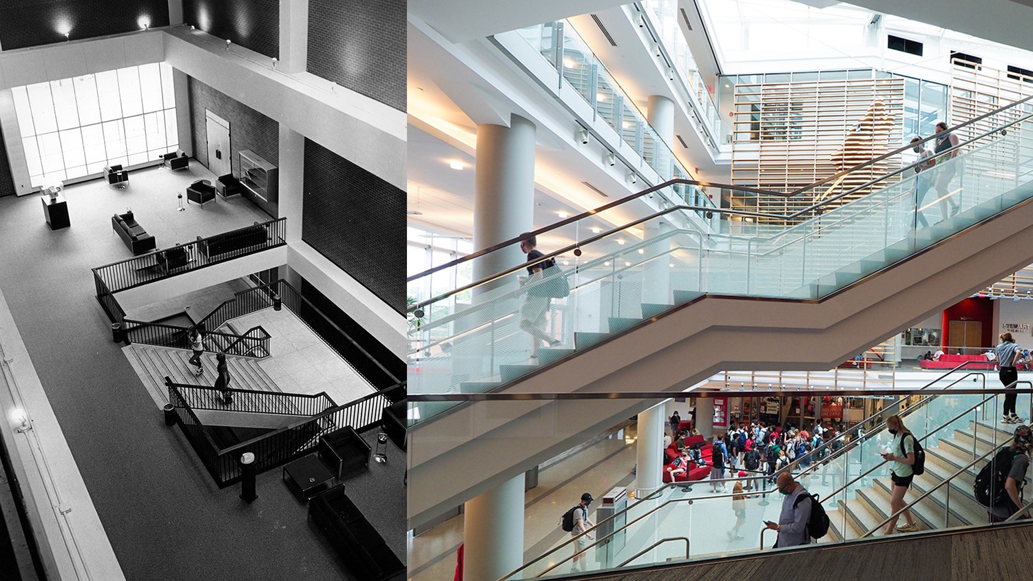 Side-by-side photos show the stairwell of the old student union and the stairwell of today's Talley Student Union.
