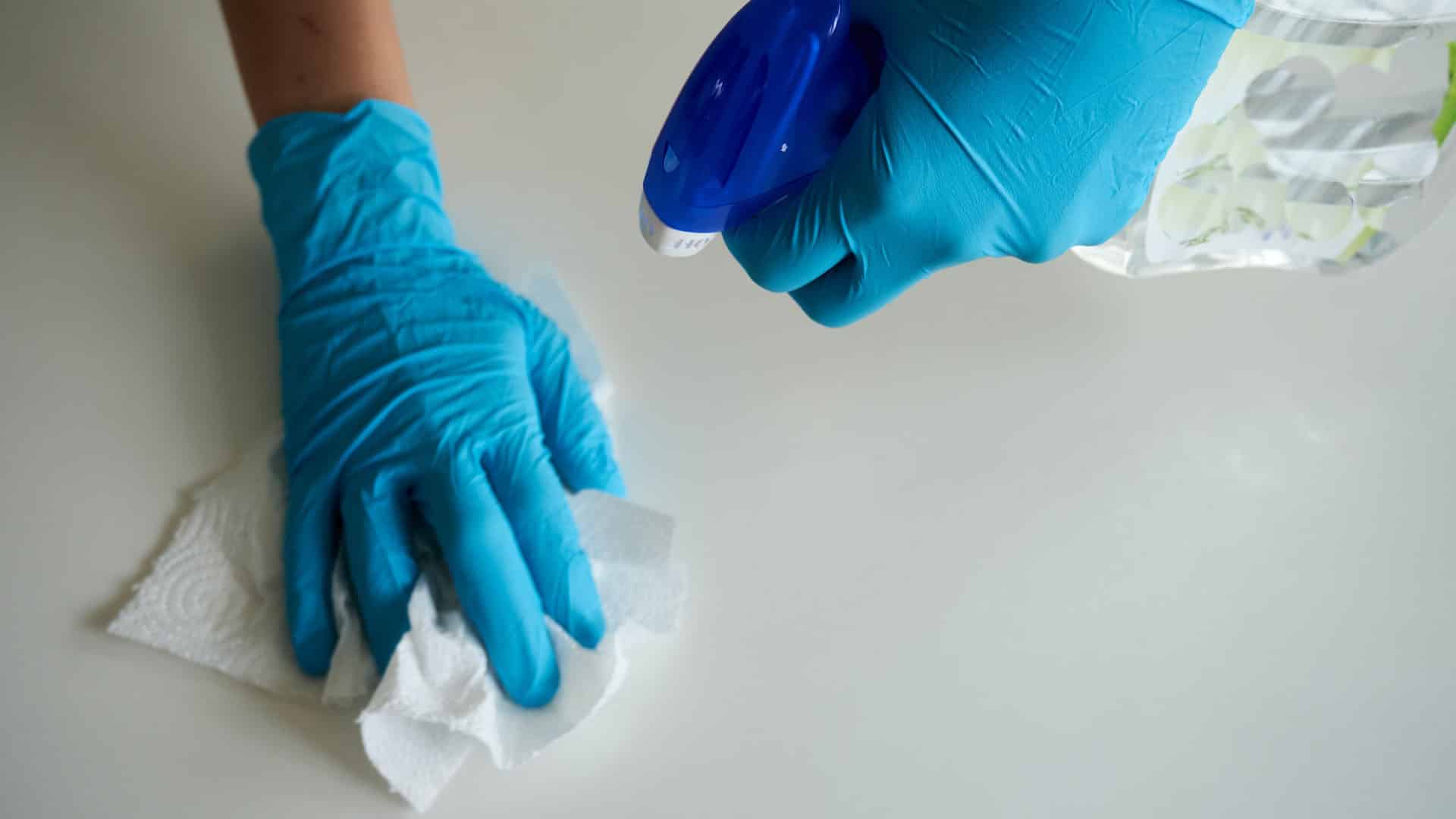 hands wearing blue latex gloves are spraying a counter and wiping it with a paper towel