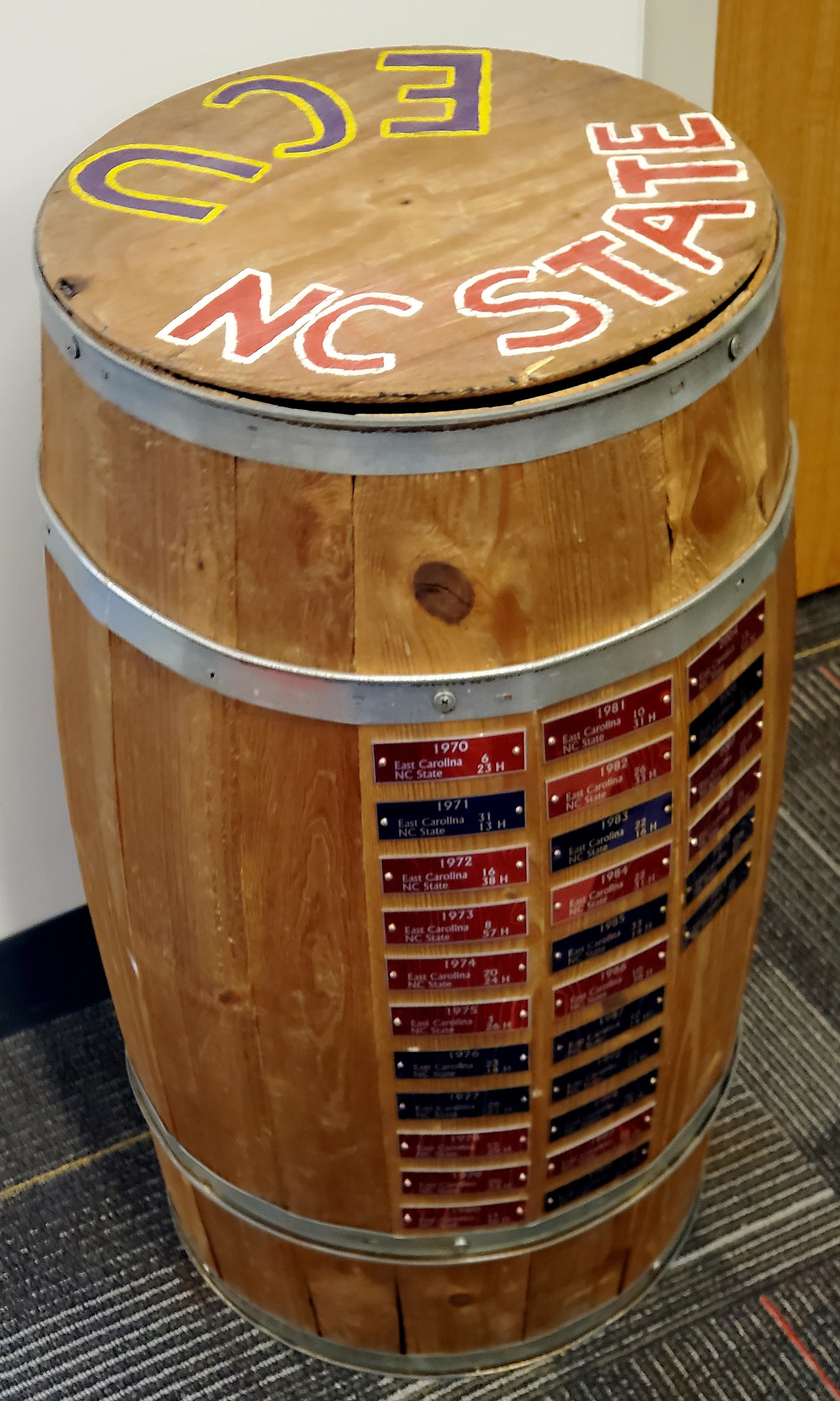 The Victory Barrel in a hallway in Talley Student Union.