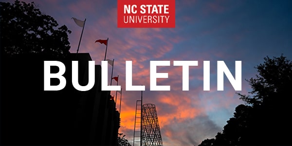 Bulletin wordmark on backdrop of Reynolds Coliesum and Talley Tower at sunset. 
