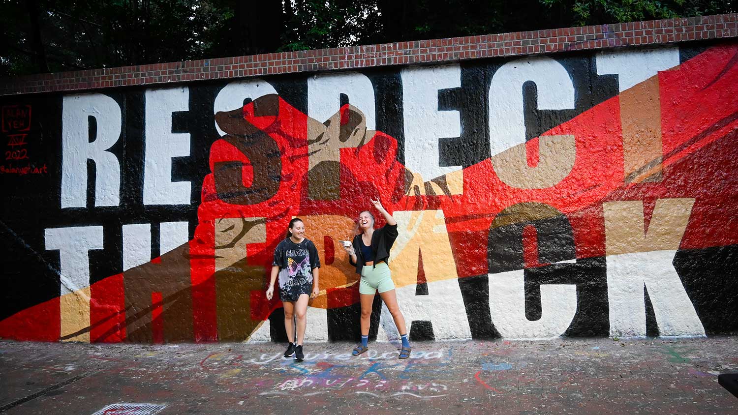 The Free Expression Tunnel is painted annually with a "Respect the Pack" mural on which our student body adds handprints.