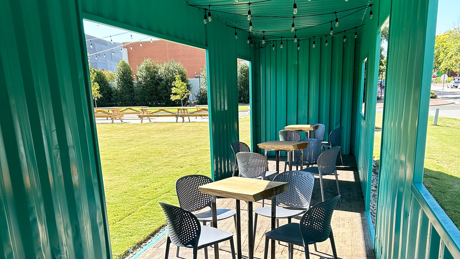 dining space inside converted shipping container