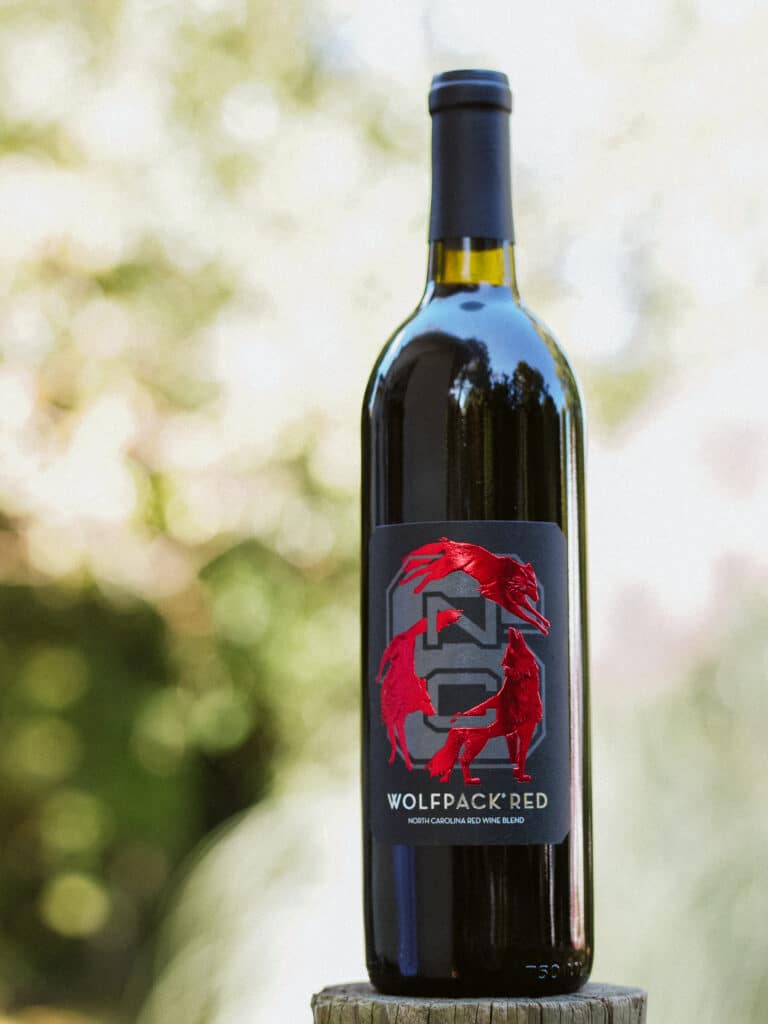 A bottle of Wolfpack red wine