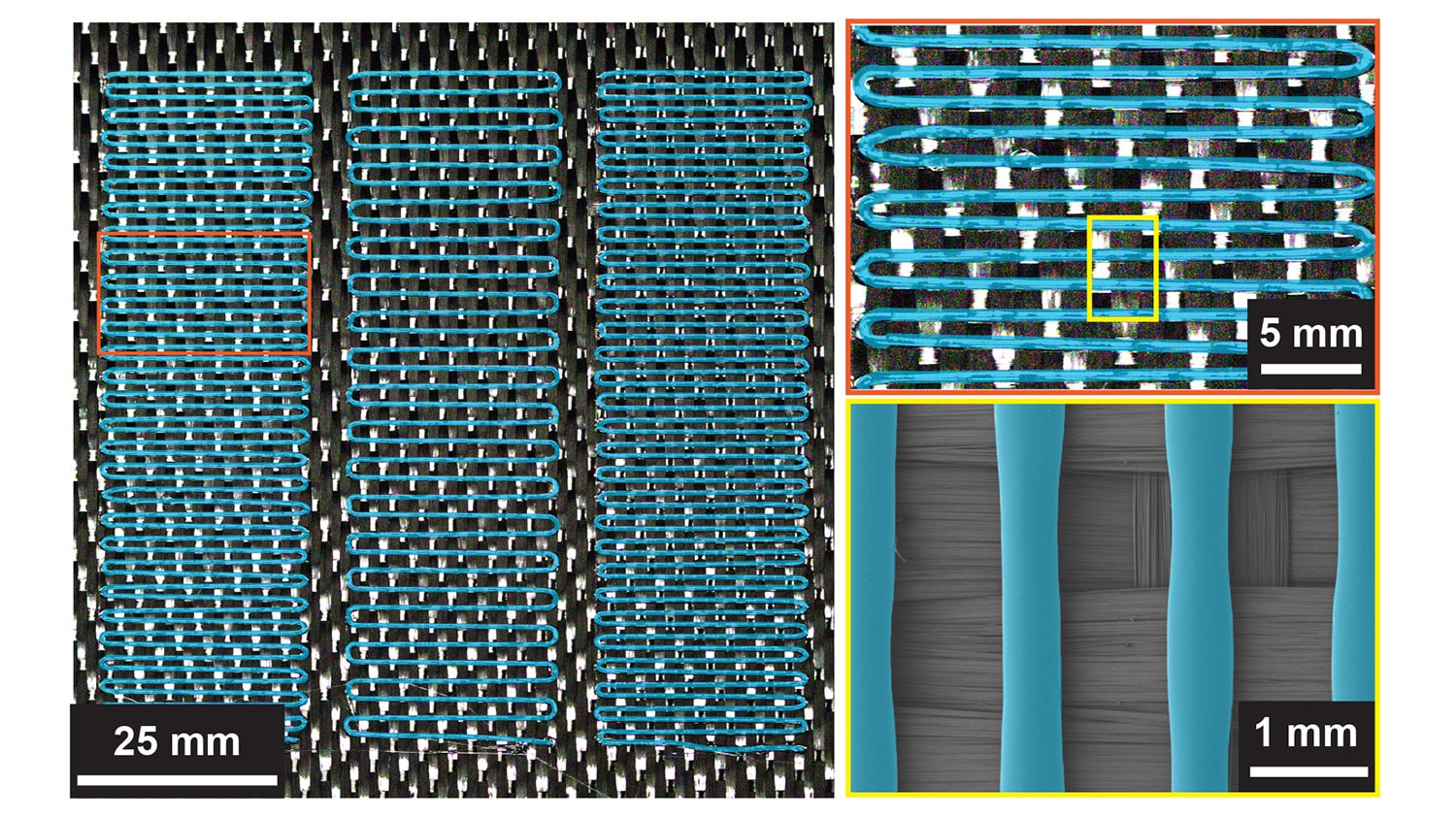image shows blue piping (thermoplastic) embedded in a black carbon fiber mesh