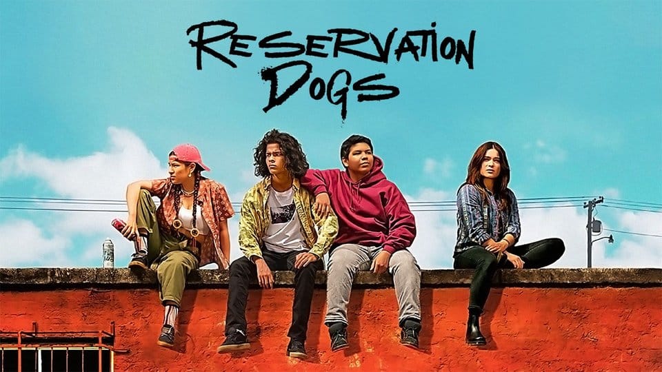 Four kids sit side side by side under lettering that reads "Reservation DOgs"
