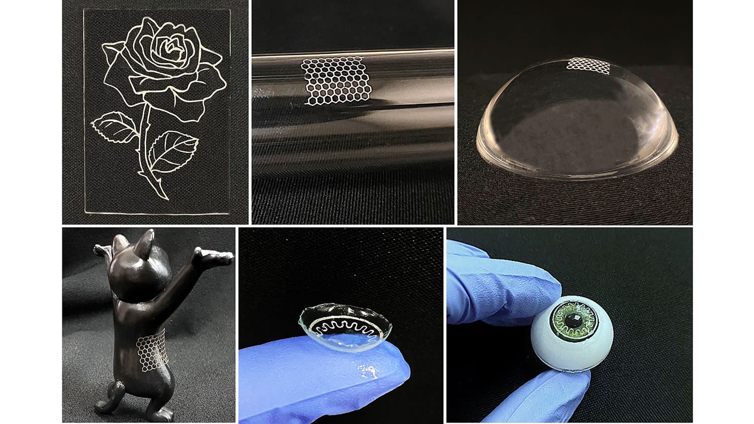 image includes six photos of circuits printed on curved surfaces, including a contact lens