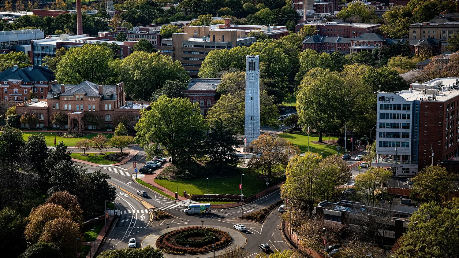 An aerial photo of main campus highlighting the Belltower and Holladay Hall.