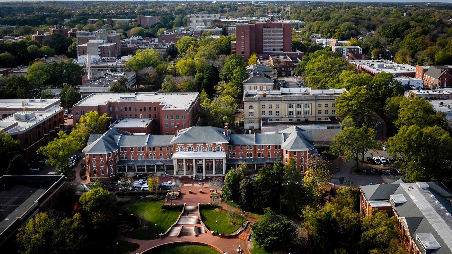 An aerial view of the 1911 Building and surrounding campus.