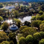 An aerial view of Pullen Park on a sunny day.