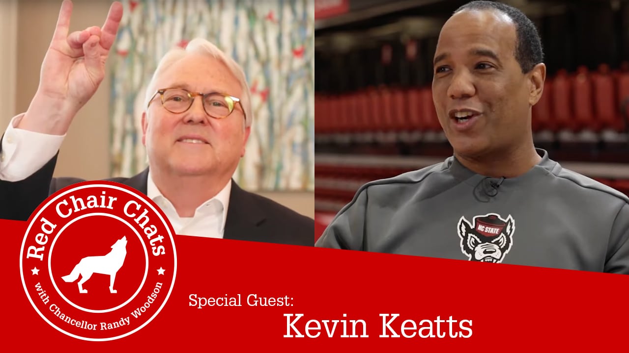 Chancellor Randy Woodson and Coach Kevin Keatts film an episode of Red Chair Chats.