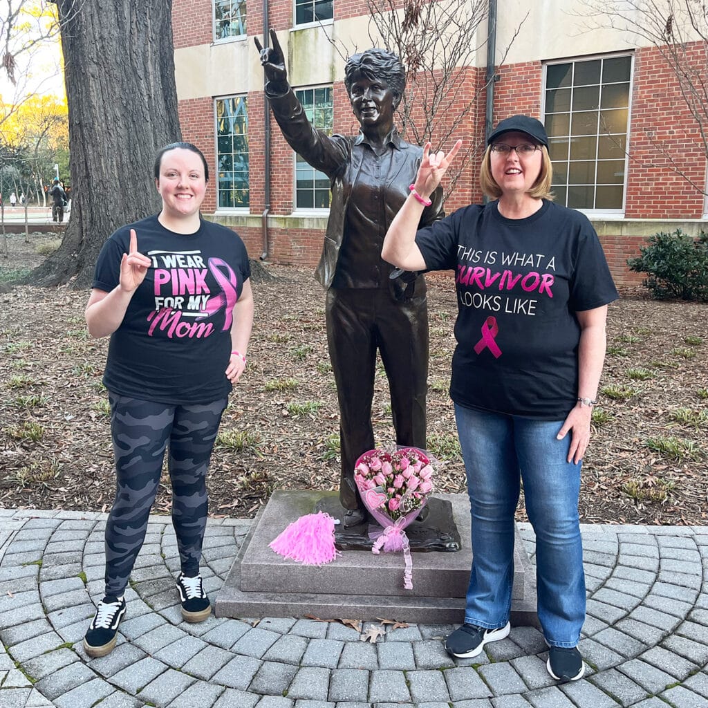 women posing with Kay Yow memorial statue on NC State's campus